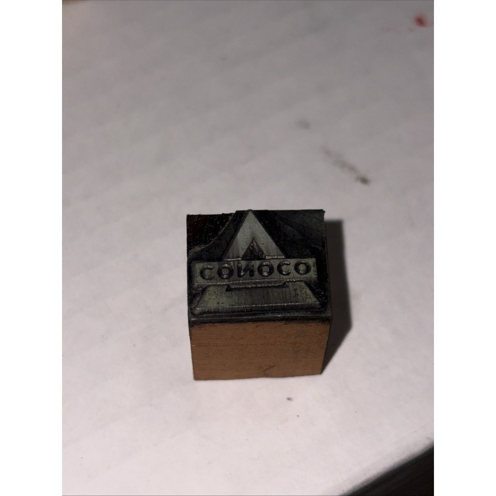 antique 1930s CONOCO Oil Co Printer Block Wood Metal Stamp Petrol Gasoline